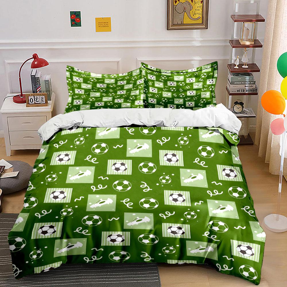 Soccer-Themed Green Background Pattern Duvet Cover Set With 3D Printing Design Soft Polyester Bedding Set All-Season Comfort