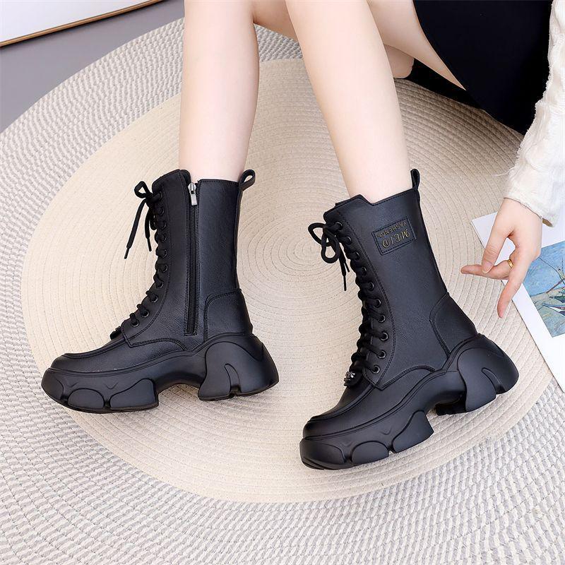 Women's 2025 Genuine Leather Martin Boots: Mid-Calf, Thick-Soled, Fleece-Lined, Lightweight, Height-Enhancing, Autumn/Winter Fashion.