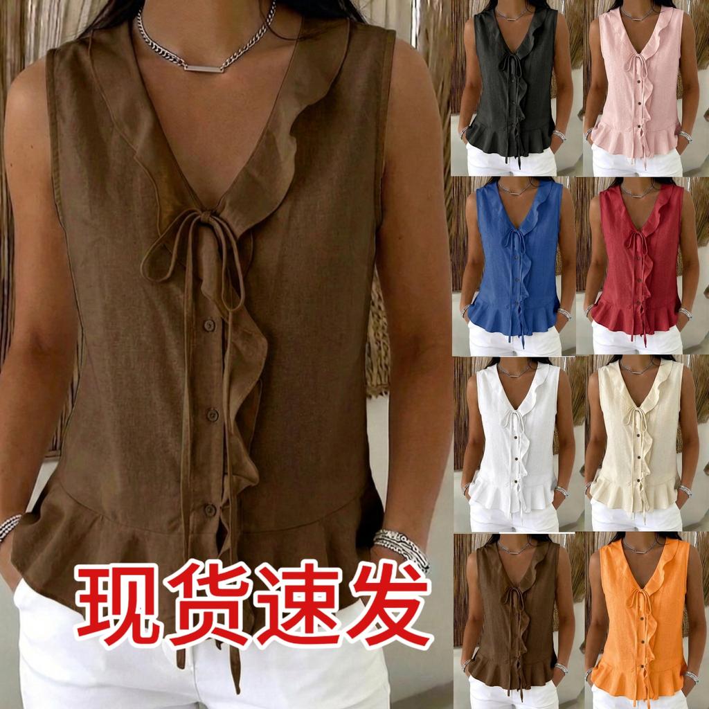 Women's Sleeveless V Neck Ruffle Front Tie Blouse Solid Color Peplum Hem Casual Summer Tank Top