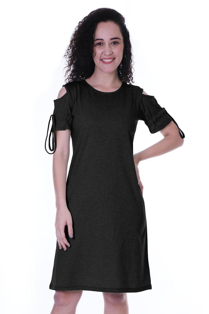 Moomaya Cold Shoulder T-shirt Dress Round Neck Casual Knee Length Summer Dresses For