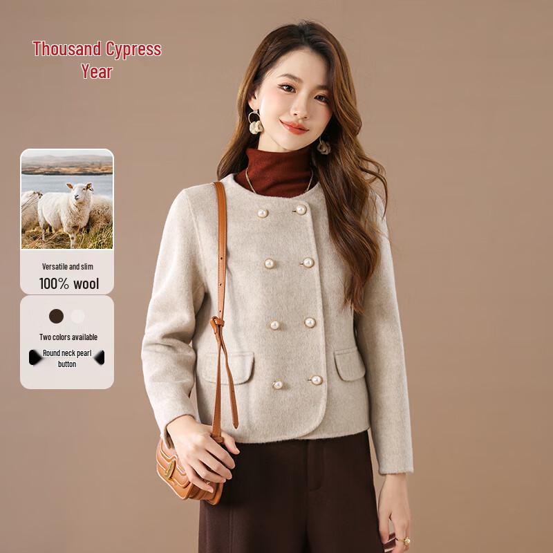 

Women s 100% Merino Wool Double-Faced Coat with Round Neck and Double-Breasted Design 2XL