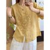 New Chinese Cotton and Linen Embroidered Shirt Women's Summer New Loose Stand-up Collar Single-row Bead Buckle Loose Top