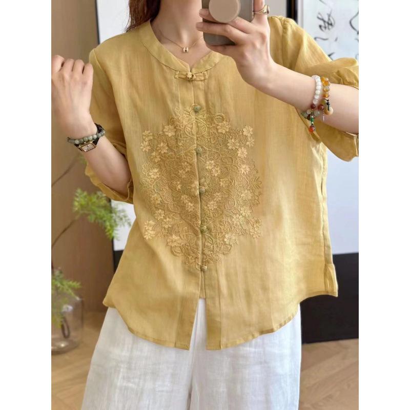 New Chinese Cotton and Linen Embroidered Shirt Women's Summer New Loose Stand-up Collar Single-row Bead Buckle Loose Top