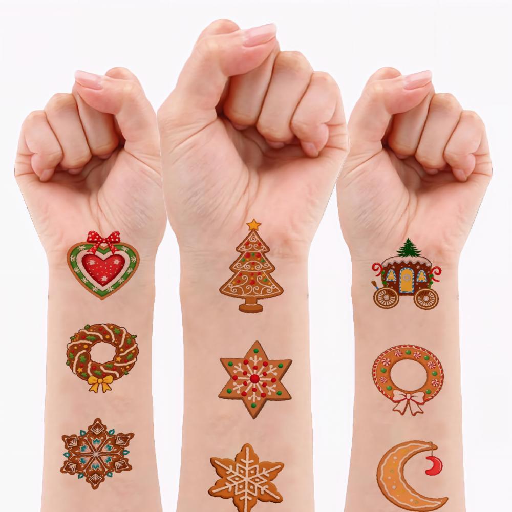 54pcs Temporary Tattoo Christmas Tree Waterproof Long-lasting Body Stickers Candy Cane Gingerbread Man For Adults