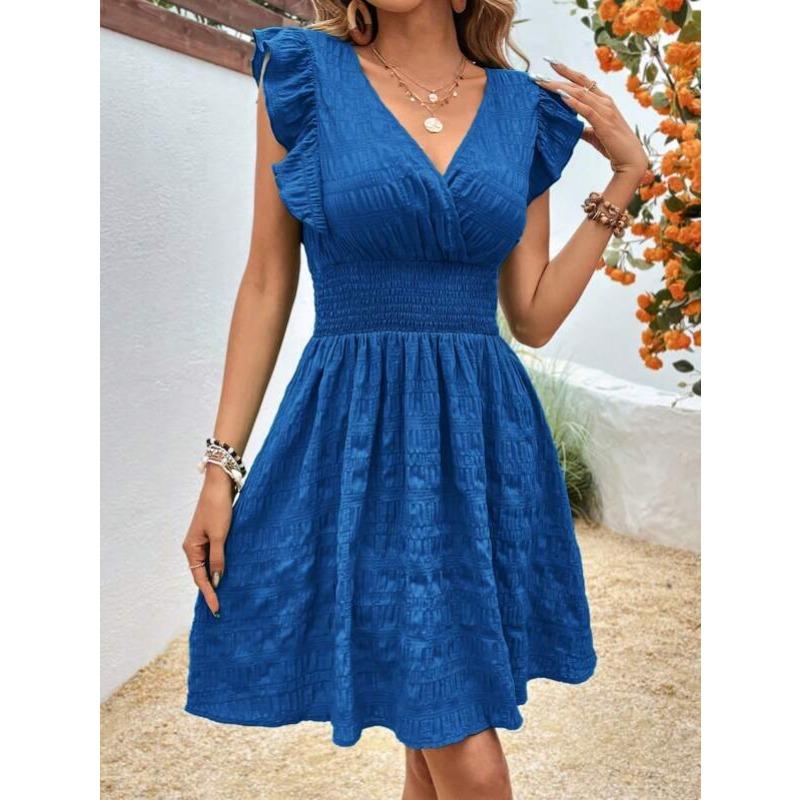 Moda Scollo a V Pieghettato Estivo Ruffles Vestito Vestibilità Aderente Sottile Elegante Monocolore Linea ad A Festa Casual Vestiti Corti Streetwear Dolce Semplice Abbigliamento Donna