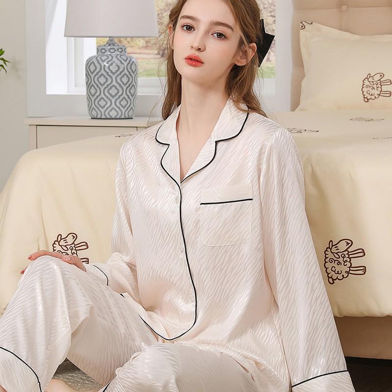Long Sleeve Silk Pajamas Set Men Women Soft Thin Loungewear Plus Size Sleepwear
