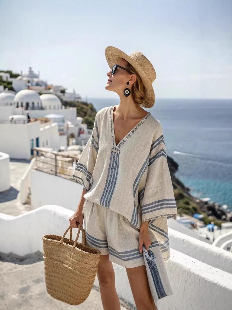 2026 European & American Linen Striped V-Neck Top & Shorts Set for Women