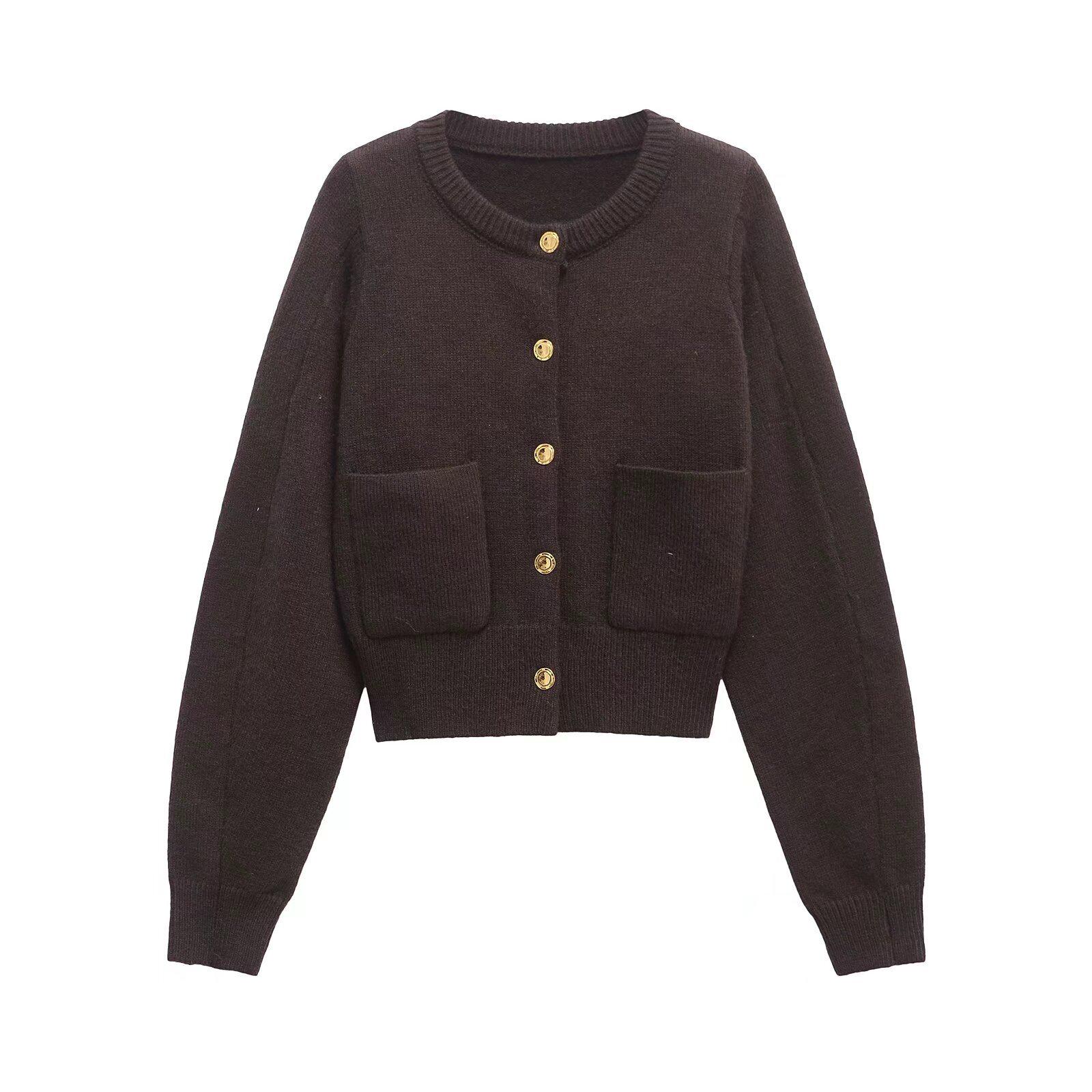 

Spring 2025 Women s Casual Round Neck Single-Breasted Knit Top Medium каштановый