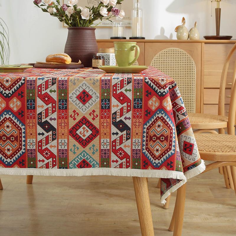 Thick Cotton Linen Tablecloth American Retro Bohemian Ethnic Geometric Jacquard Dining Table Cover