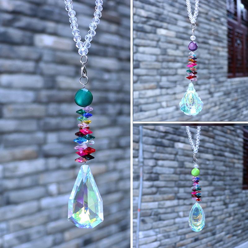 1pc Color Crystal Pendant Rainbow Drop Diamond Prisms Rearview Mirror Hangings Car Accessories Home Room Garden Decor Wind