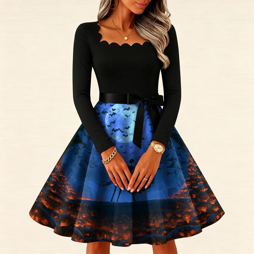 Women's Vintage Long Sleeve Square Neck Halloween Printed Party Dress for Evening Wear