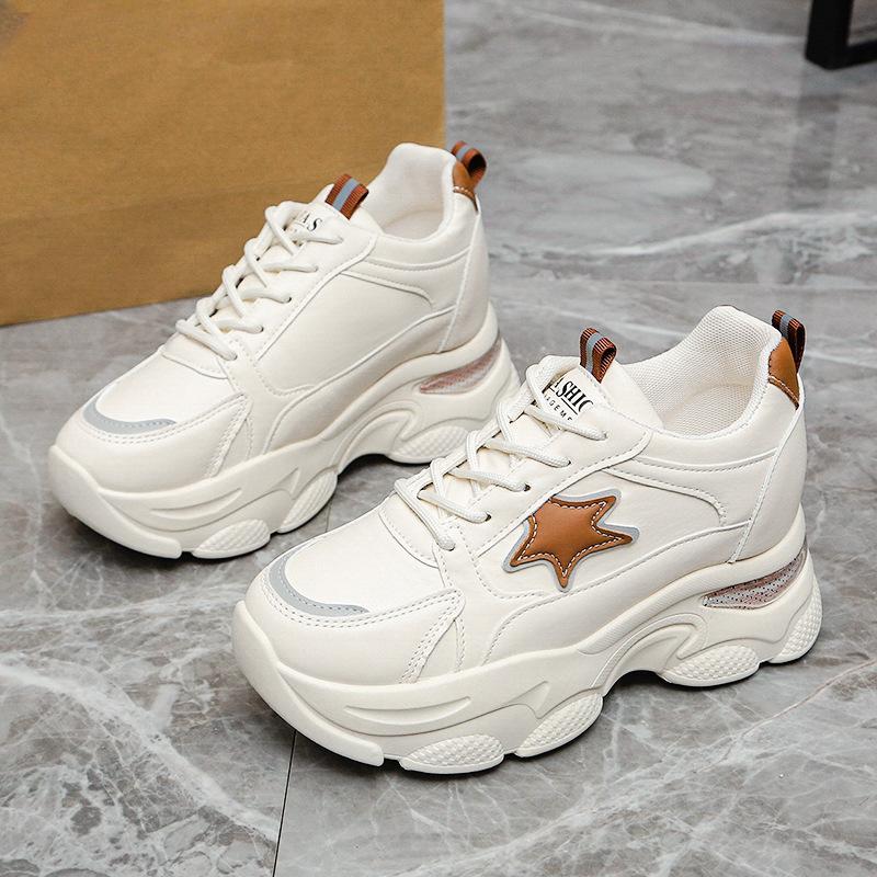 Dámské tenisky Dad Shoes Jaro Nové kulaté špičky Šněrování Barevný blok Studentská platforma Bílé boty