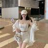 Women's Three-Piece Set: Loose Sleeveless Top, See-Through Sun Protection White Shirt, and Long Sleeve Thin Shorts