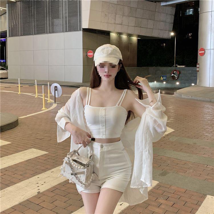 Women's Three-Piece Set: Loose Sleeveless Top, See-Through Sun Protection White Shirt, and Long Sleeve Thin Shorts