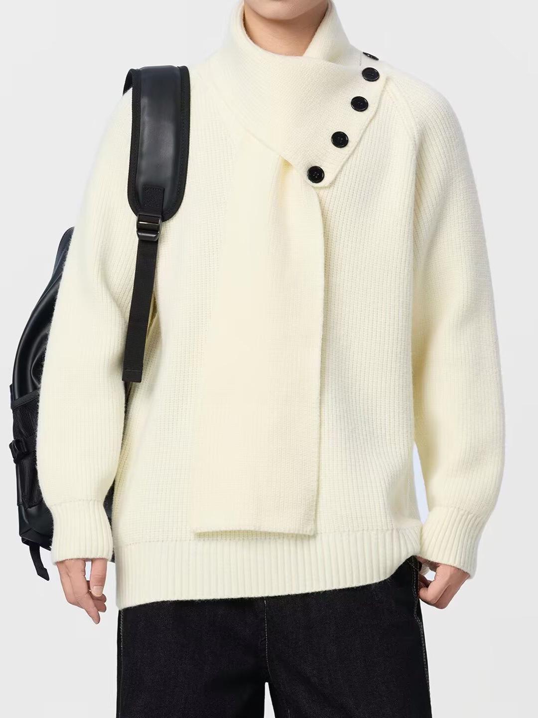 Men s Loose Knit Sweater with Detachable Scarf - Half-High Neck, Autumn & Winter Style Large