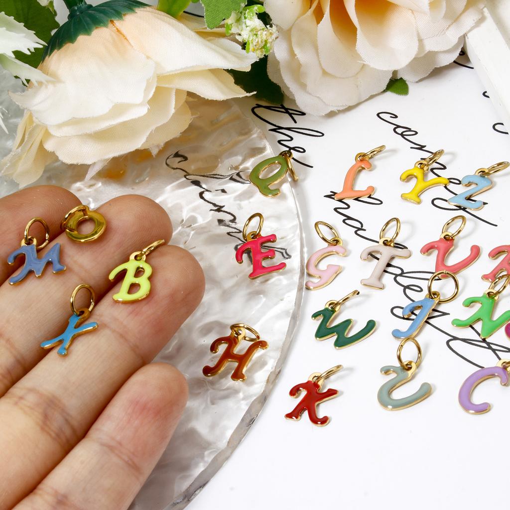 1 Piece 304 Stainless Steel Letter Charms Gold Plated Capital Alphabet Initial Letter Message " A-Z " Enamel Pendants Findings