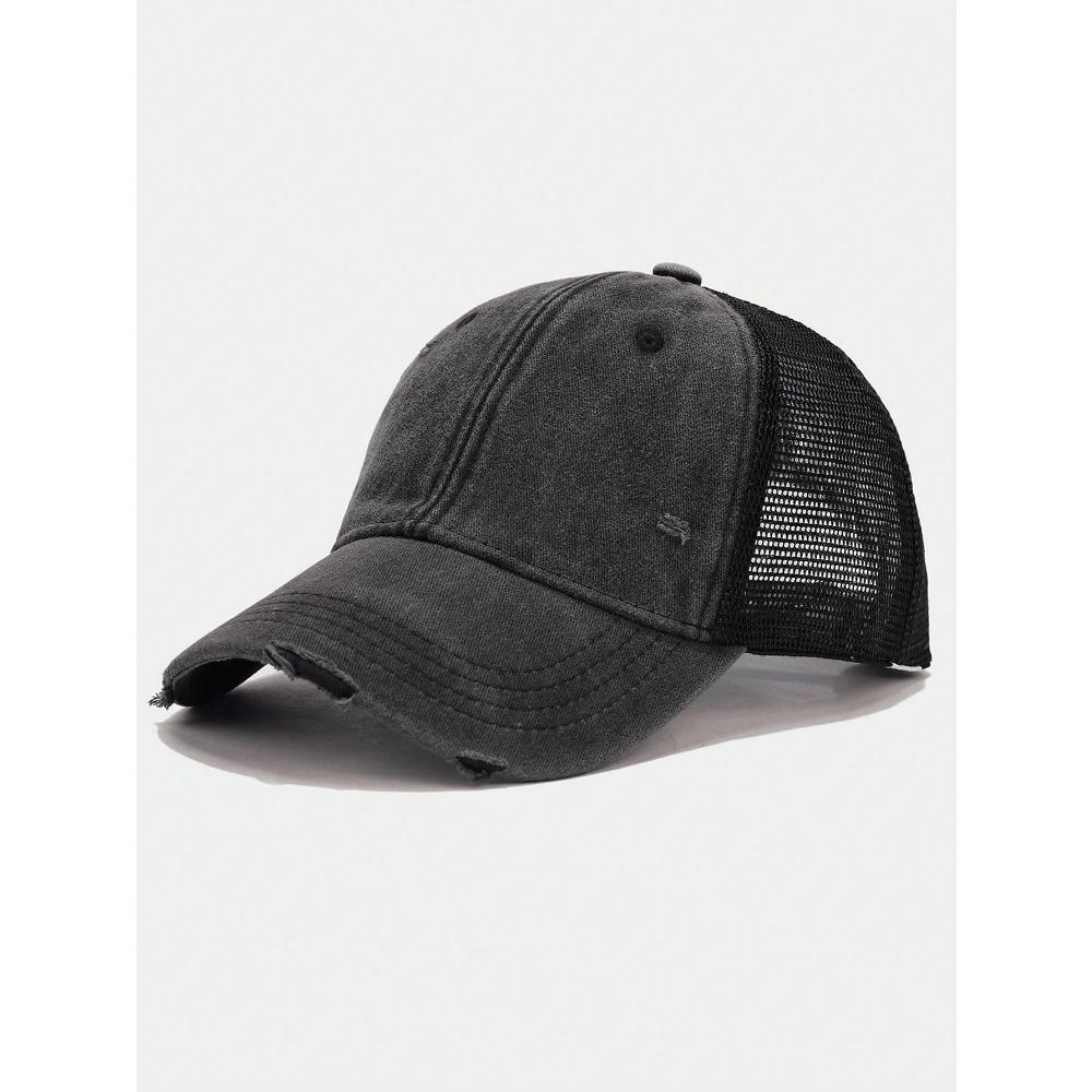 1pc Solid Distressed Perforated Mesh Washed Baseball Cap, Breathable Sun Protection Accessory For Spring/Summer