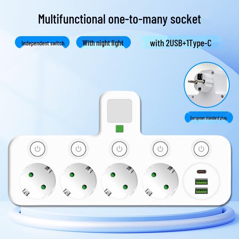 Tomada Europeia 16A 3-em-1 com Interruptor Individual e Luz Noturna, Certificado CE Adaptador Francês/Europeu