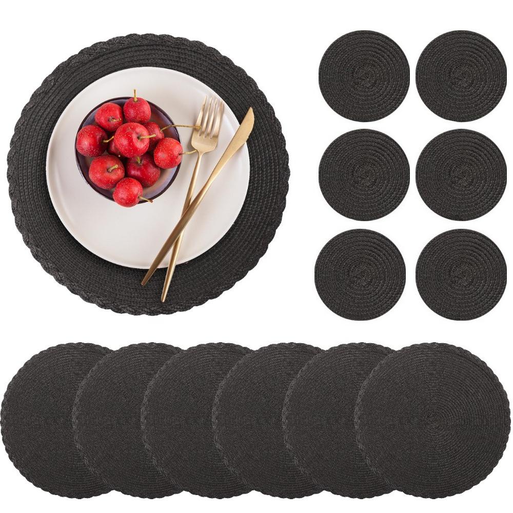 Sets 6 Woven Table Placemats and Coaster 34CM Round Cotton Dinner Table Mats Anti Slip Heat Resistant Easy Clean Place Mats