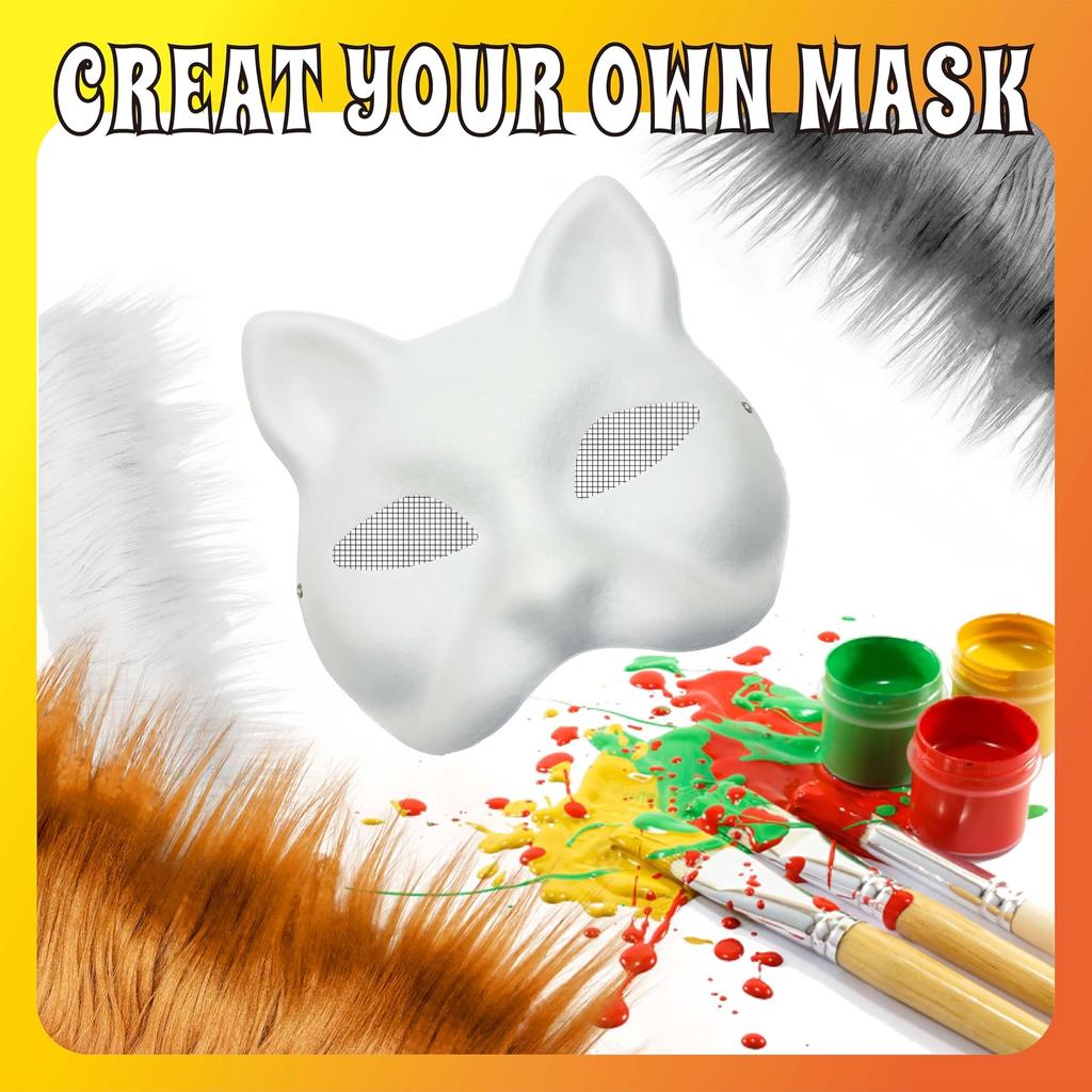 3/6Set DIY Therian Mask Kit Half Face Hand-painted Cat Mask DIY Masks Blank White Cat Mask for Carnival Masquerade Cosplay Party