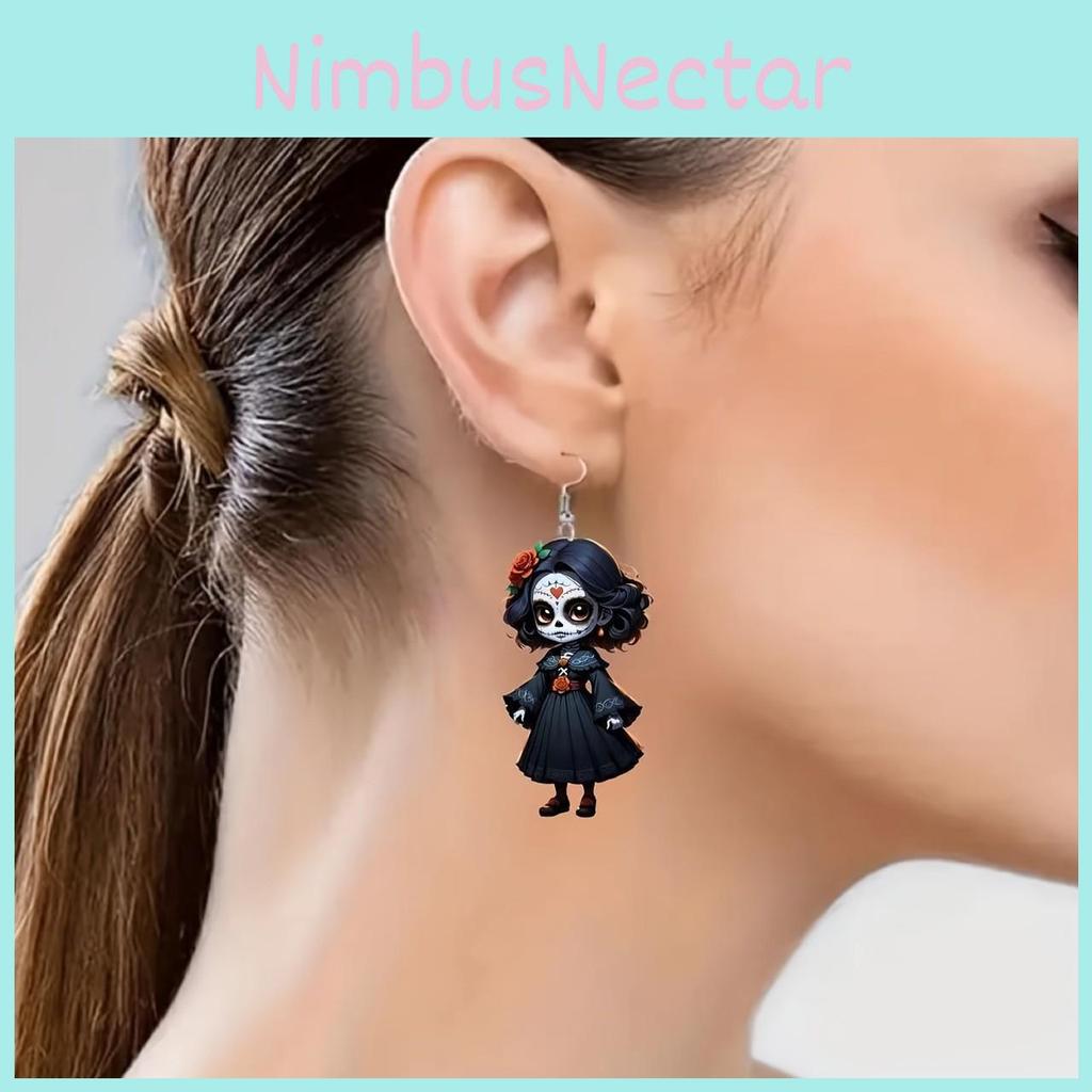 Halloween Themed Black Skull Rose Girl Four Pattern Women Acrylic Earrings For Casual Wear And Parties