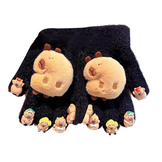 

Зимние детские плюшевые варежки-капибары, 3D варежки-капибары, мягкие теплые варежки с пятью пальцами для холодной погоды на улице A чёрный