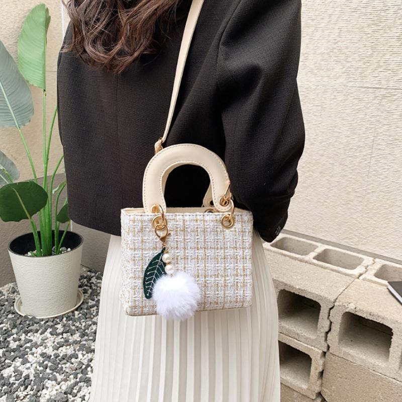 Ladies Fashion Simple Shoulder Bag Girls Cute Small Pom Pendant Handbag Small Square Bag New High Casual Crossbody Tweed Plaid