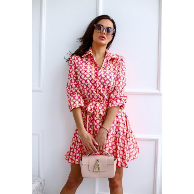 European and American Women's Long-Sleeve Tie-Waist Printed Shirt Dress