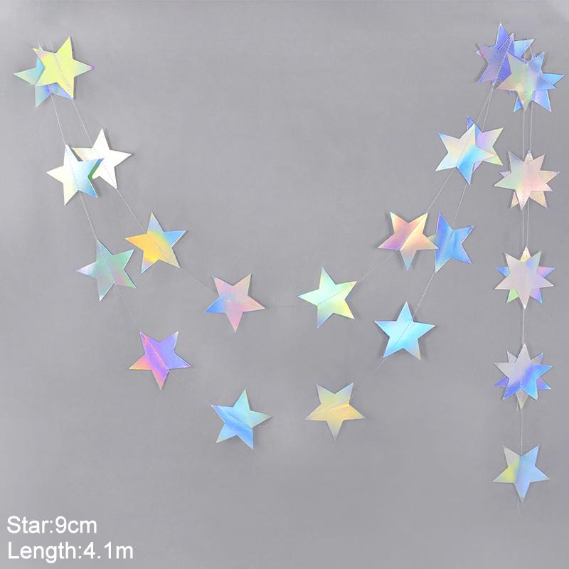 Laser Silver Paper Star Garland Banner Happy Birthday Party Decoration Girl Boy Baby Shower Wedding Christmas Wall Hanging Decor
