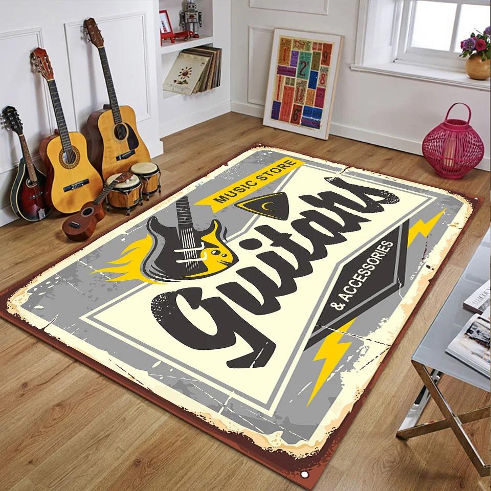 Retro Music Theme Area Rug with Cassette Jazz Guitar Rock Patterns Absorbent Floor Mat for Living Room Bedroom Home Decor