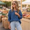 Women's Casual Half Zip Denim Shirt Loose Fit Long Sleeve Top