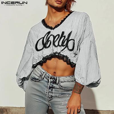 Men Lace Hem V Neck Long Sleeve Letter Print T-shirts Casual Striped Crop Tops