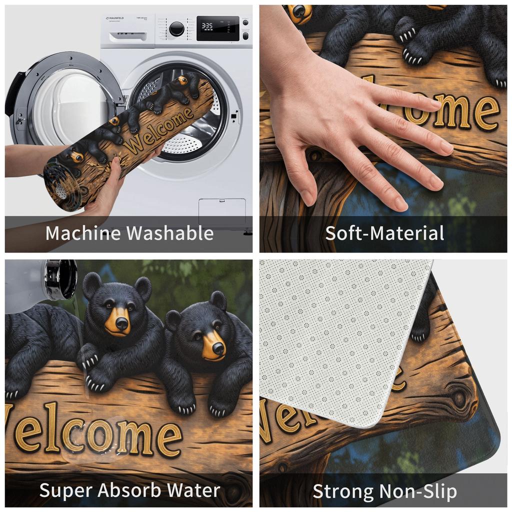 Bears Welcome Sign And Rustic Wood Design Doormat Anti-Slip Entrance Bathroom Kitchen Door Floor Mat  Garage Rug Carpet Footpad