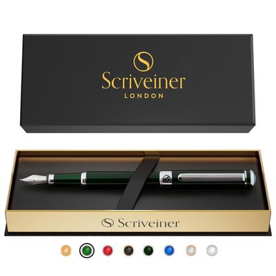 Scriveiner Füllfederhalter in sehr dunklem British Racing Green mit luxuriöser, verchromter Schmidt-Feder – das perfekte Geschenkset für Männer.