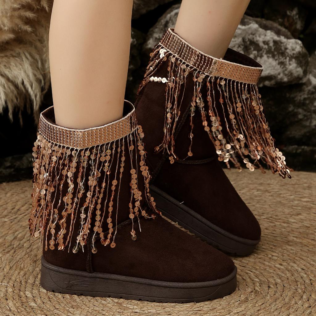 Women Snow Boots Bohemia Embroidery Fringed Decoration Boots Women 2025 Winter Platform Ankle Boots Thick Bottom Shoes Women