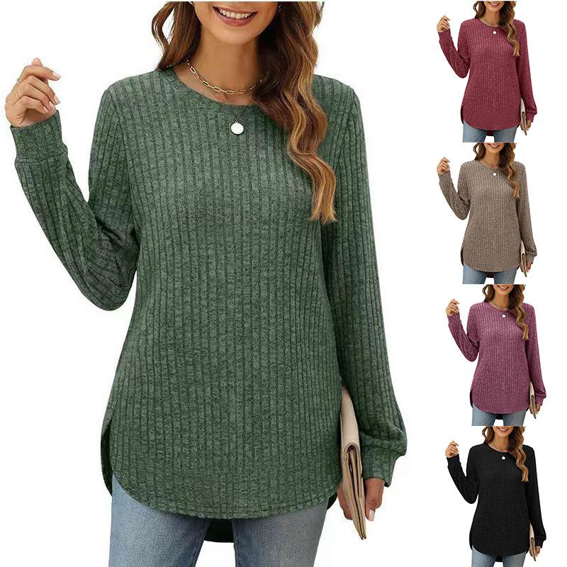 Womens Long Sleeve Tops Plus Size Crew Neck Jumpers Solid Color Side Spilt Pullover T-Shirt Tunic Shirt