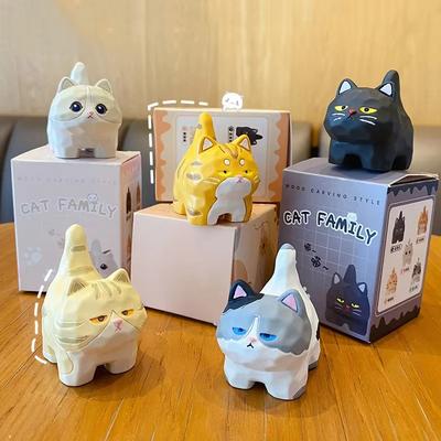 Cartoon Katze Ornament Heim Desktop Auto Innenraum Dekoration Miau Holzschnitzstil Harz Kleine Ornamente Originelle Kreative Geschenke
