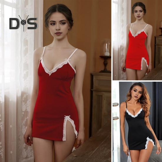 2 Pcs/Set Women Summer Nightdress Panties Set Spaghetti Strap Backless Sleeveless Bow Lace Decor V Neck Split Hem Nightwear Lady Nightgown