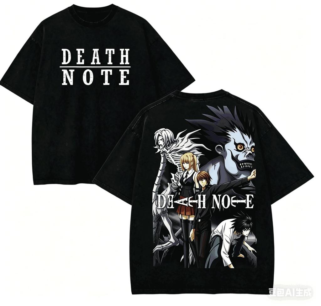 Stylish Washed Black Oversized T-Shirt with Death Note Character Group and Logo Print Women And Men T-shirts