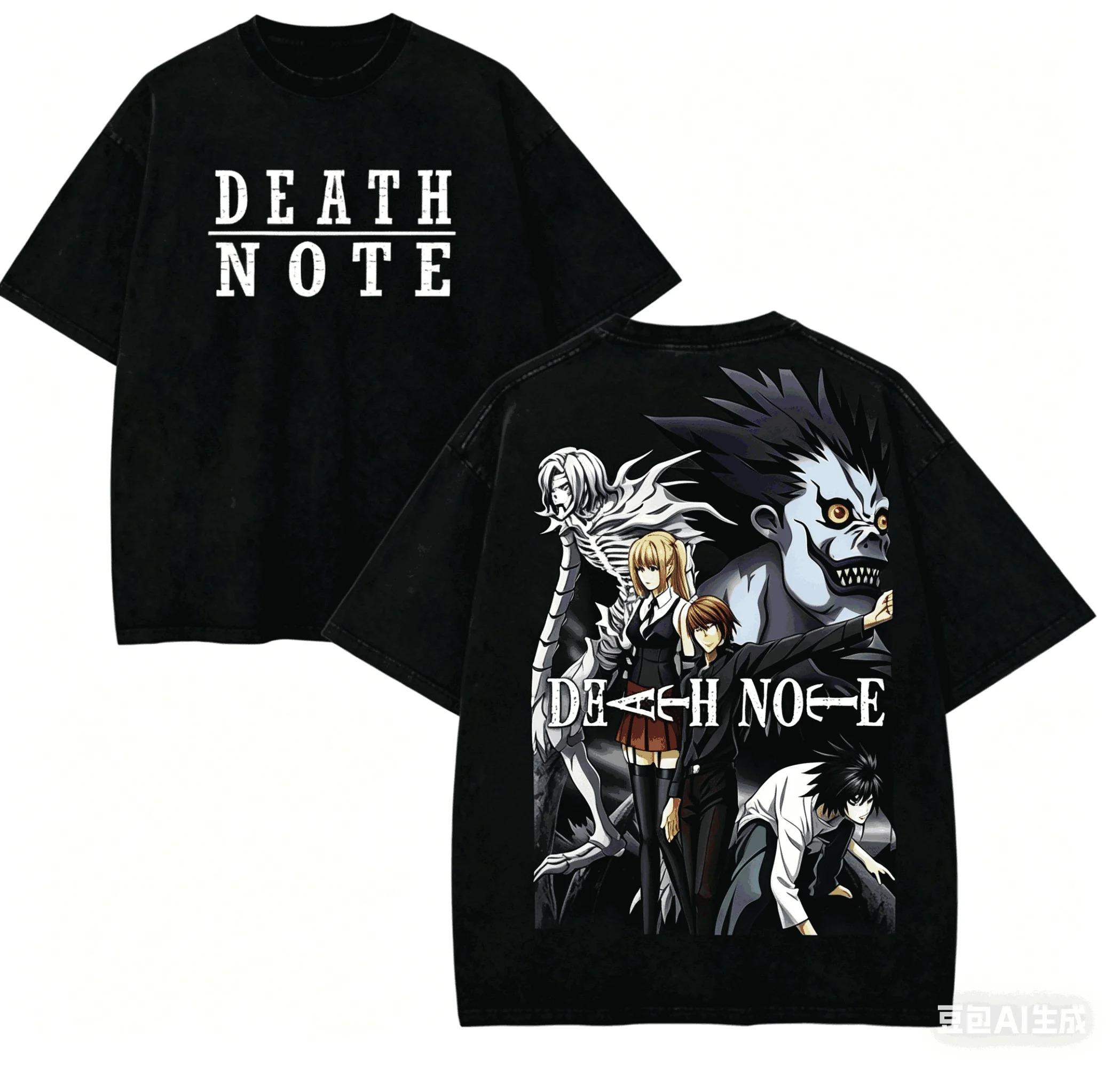 Stylish Washed Black Oversized T-Shirt with Death Note Character Group and Logo Print Women And Men T-shirts L