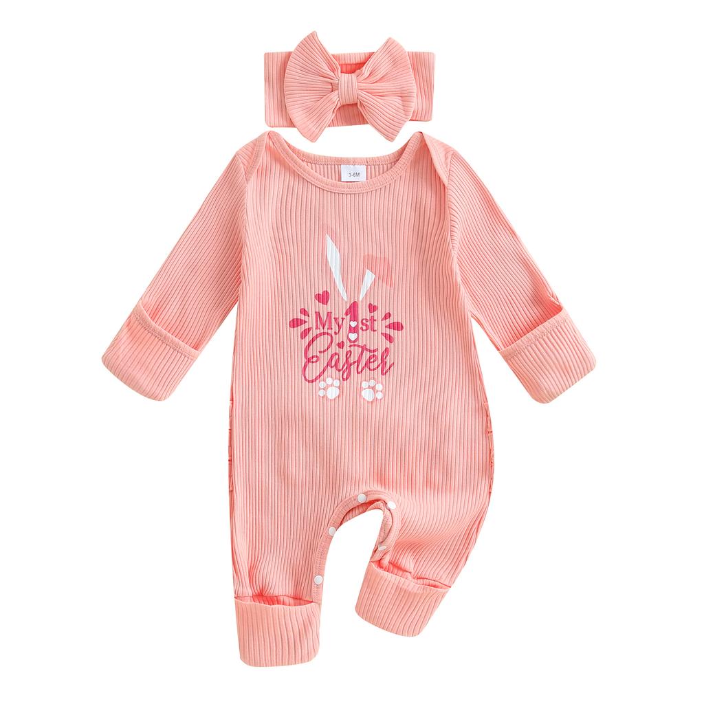 Macacões para Bebê Menina Roupas de Páscoa Estampa de Letra e Coelho Babados Macacões Infantil com Faixa de Cabelo