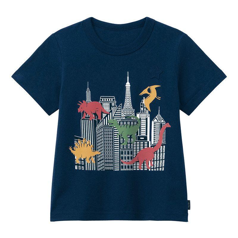 Qianqujia Japanese Cartoon Half Sleeve 80-140 T-shirt Navy Blue Dinosaur 110