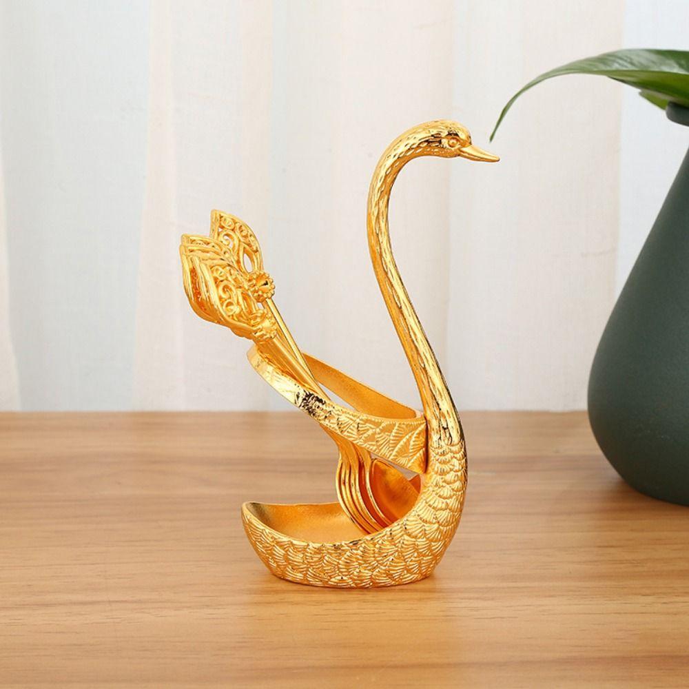 6Pcs with Swan Shaped Base Luxury Dessert Utensils Zinc Zinc Zinc Alloy Dessert Spoon Coffee Dessert