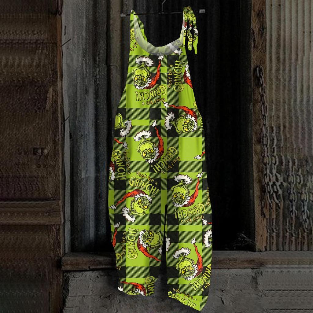 Damski kombinezon z nadrukiem Halloweenowym, casualowy, luźny, vintage, na ramiączkach, bawełniano-lniany