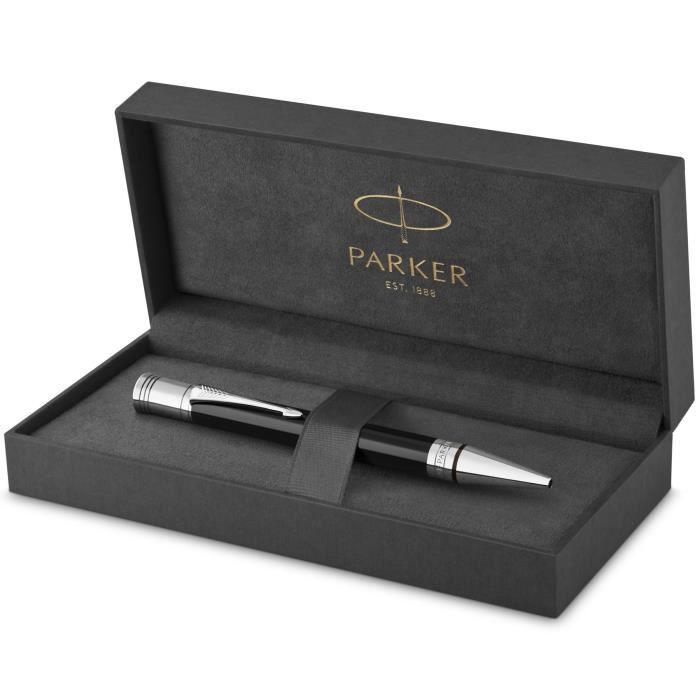 PARKER Duofold stylo bille ,Noir, attributs palladium, Recharge noire pointe moyenne, Coffret cadeau
