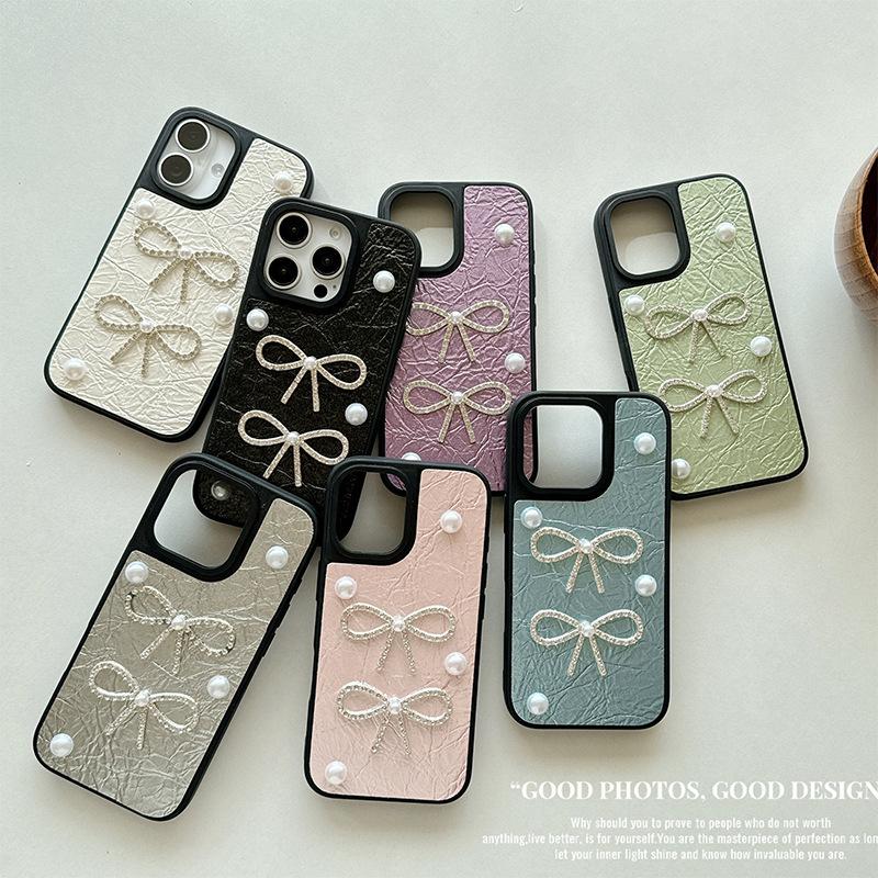 Pearl Bow Phone Case for Apple 17promax Leather Texture High Quality for IPhone16pro Protective Case