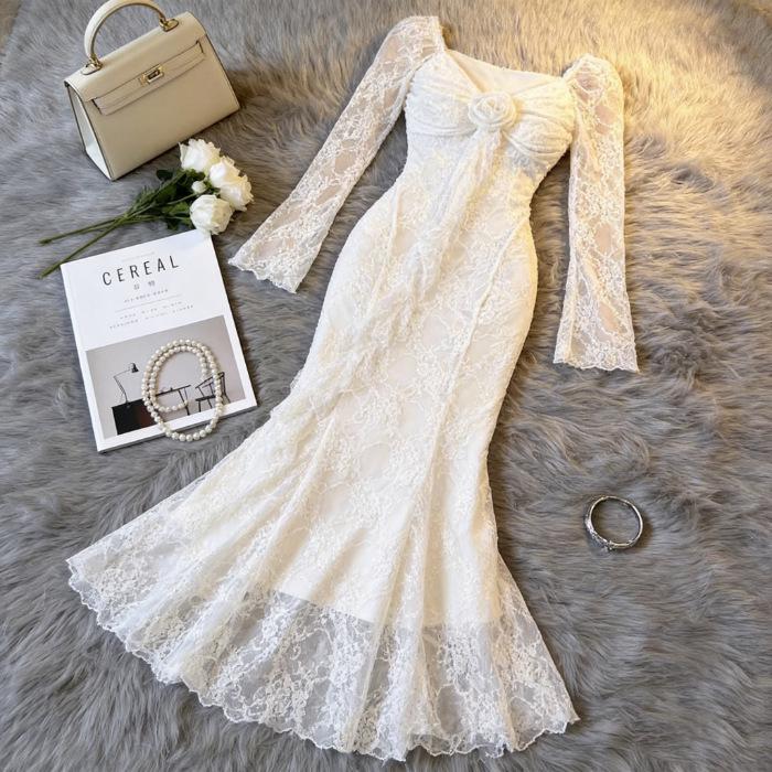 French 3D Floral Lace Waist-Cinching Fishtail Dress - Slimming Long Sleeve Formal Wear for Women 2026 XL