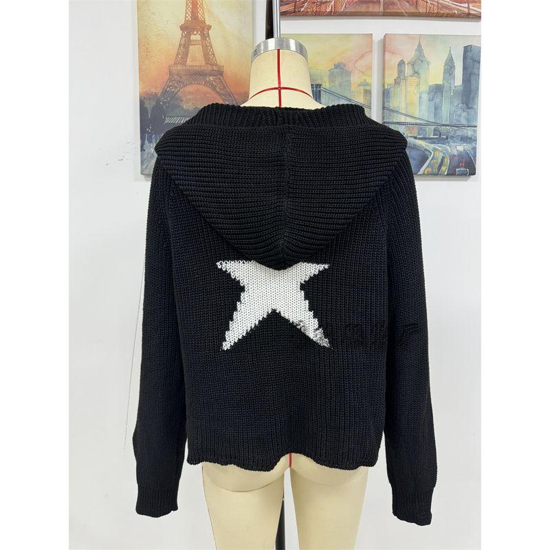 2025 Autumn and Winter Pullover Hooded Knitting Pocket Long Sleeve Five-Pointed Star Work Clothing Sweater Female Knitted Sweater