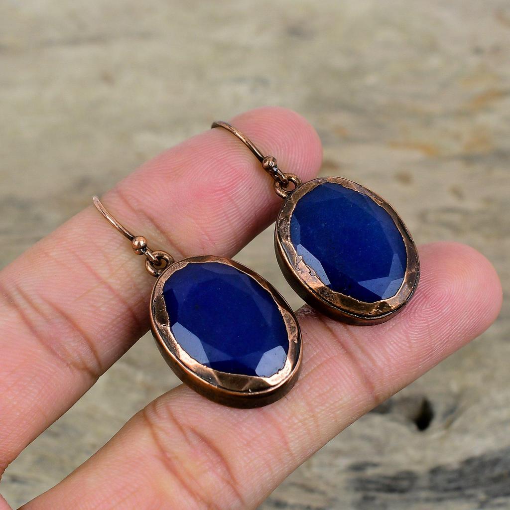 Facettierter Blauer Saphir Ohrring Elektrogeformte Kupferohrringe Handgefertigter Edelsteinschmuck Einzigartige Ohrringe Elektrogeformter Schmuck Verlobungsgeschenke