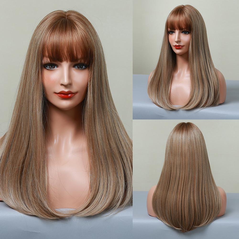 Perruques synthétiques longues et raides Henry Margu, cheveux noirs foncés ombrés avec frange pour femmes noires, perruques de cosplay quotidiennes résistantes à la chaleur